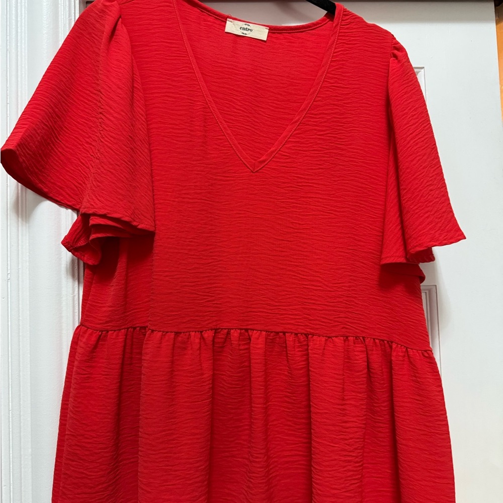 Entro Red Textured V-Neck Blouse